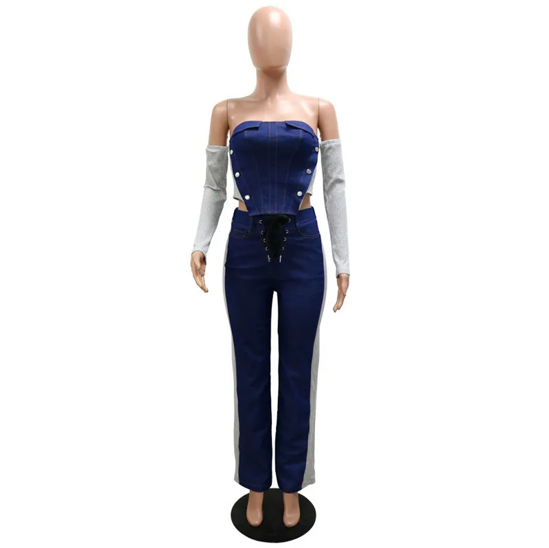 Pants Gets for Women Spring Autumm Jeans jeans Blusa de retalhos longas Moda elegante noite de roupas noturnas 220511