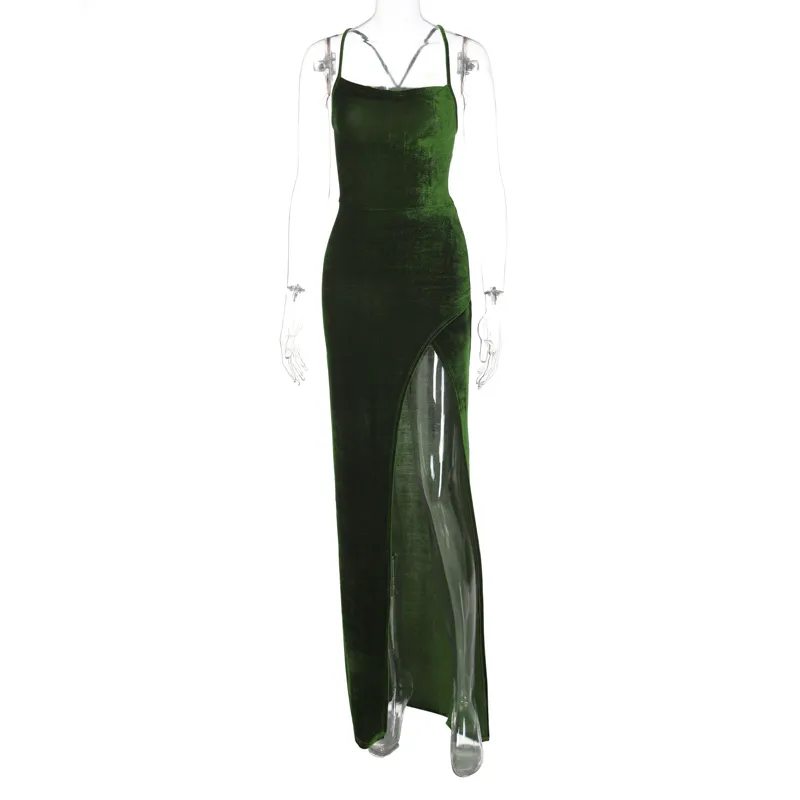 Hugcitar Velvet Slip Swinging kraag mouwloze backless spleet maxi jurk solide val bodycon avondfeest elegant Vestido 220613