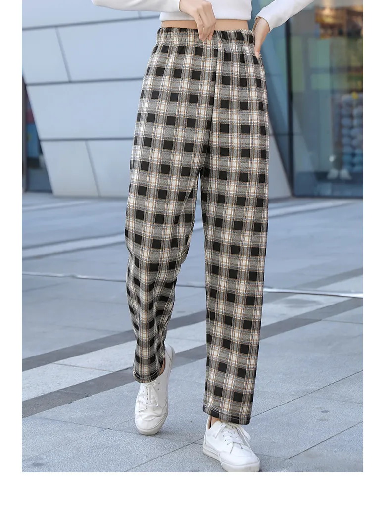 Vintage geruite vrouwen broek hoge taille wijde pijpen rechte broek losse casual vrouwelijke broek wijde pijpen broek mode streetwear 220815