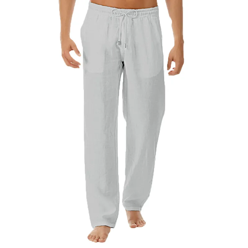 Calça masculina linha de algodão de algodão Moda de verão casual cor sólida corta solta cortagem elástica cintura plus size calça 3xl 220826