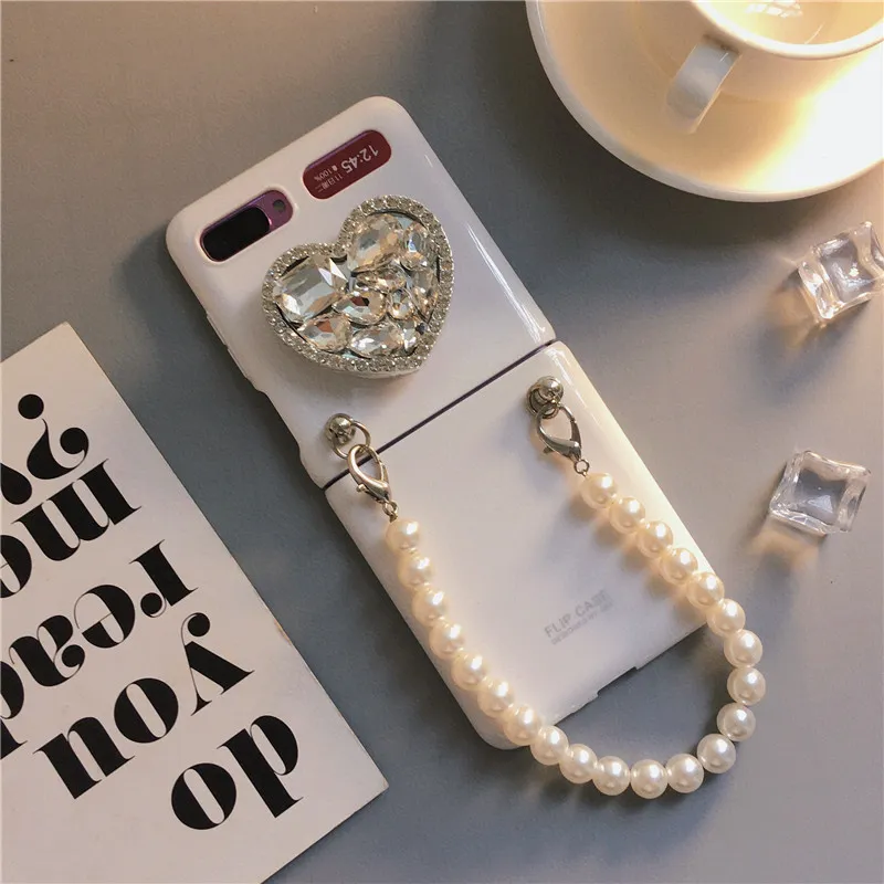 Pearl Hand Chain Love Rhinestone uchwyt na telefon dla Samsung Galaxy Z Flip 3 metalowy smycz Z Flip Cover8260129