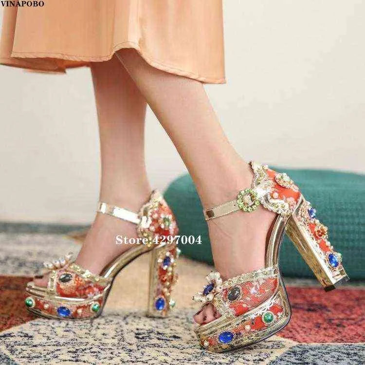 14 cm High Heel Lady Retro Sandal Shoes Gemstone Crystal Strap Luxury Sandalias Platform Party Mujer 2021 Summer Green Gold220513