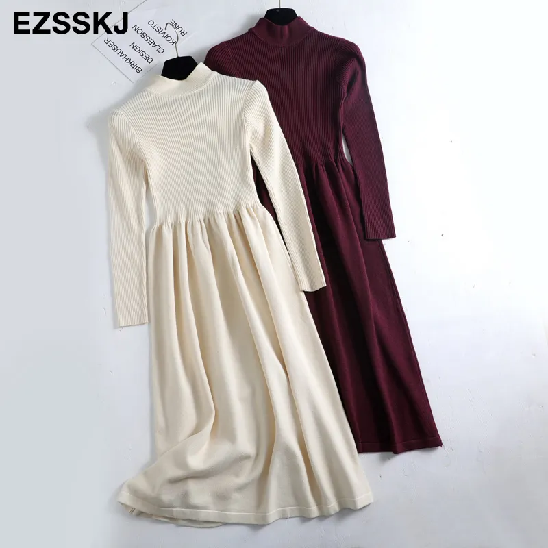 Vestido largo de punto de otoño e invierno para mujer, vestido ajustado informal con cuello redondo, vestidos tipo suéter, vestido grueso de oficina para mujer 220317