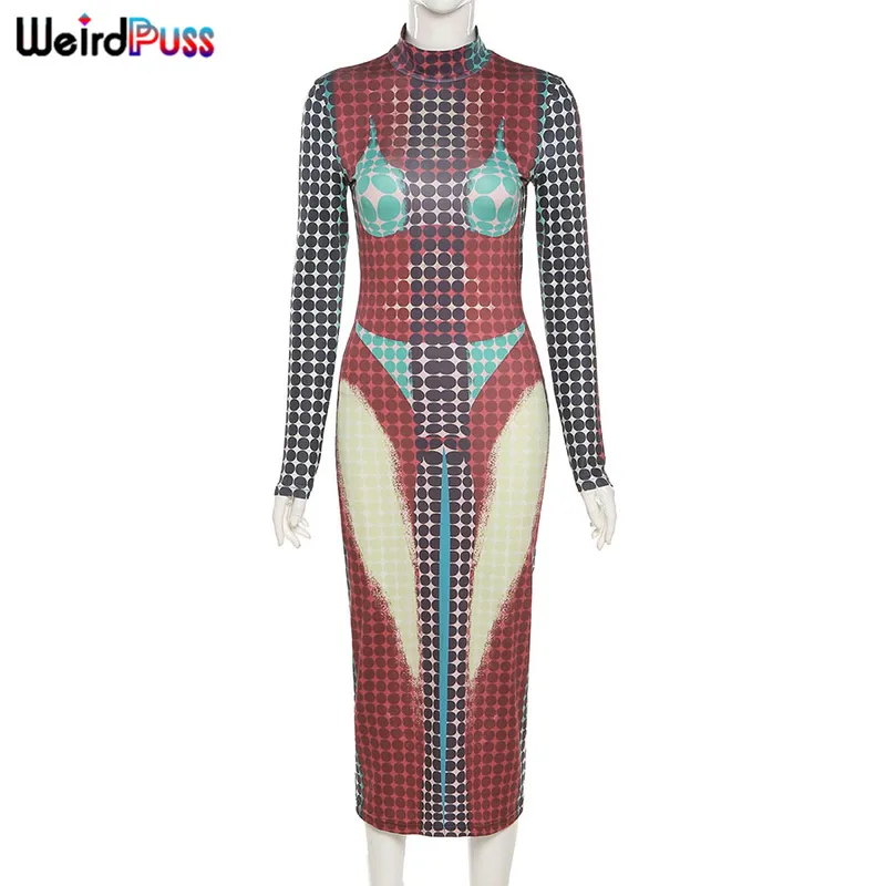 Raar poes contrast trend mager dames bodycon lange mouwen esthetische print maxi jurk coltrui fitness rekbaar slanke clubkleding 220506