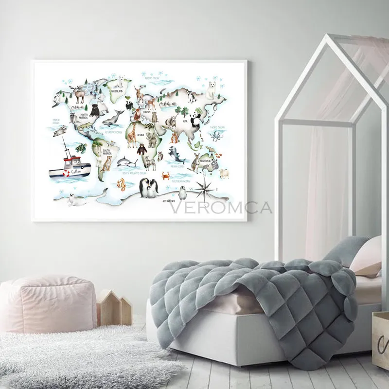 Cartoon Animais Mapa Mundial Poster de parede para crianças Decoração Crianças Crianças Nome personalizado Nome personalizado Arte de arte Pintura 220614