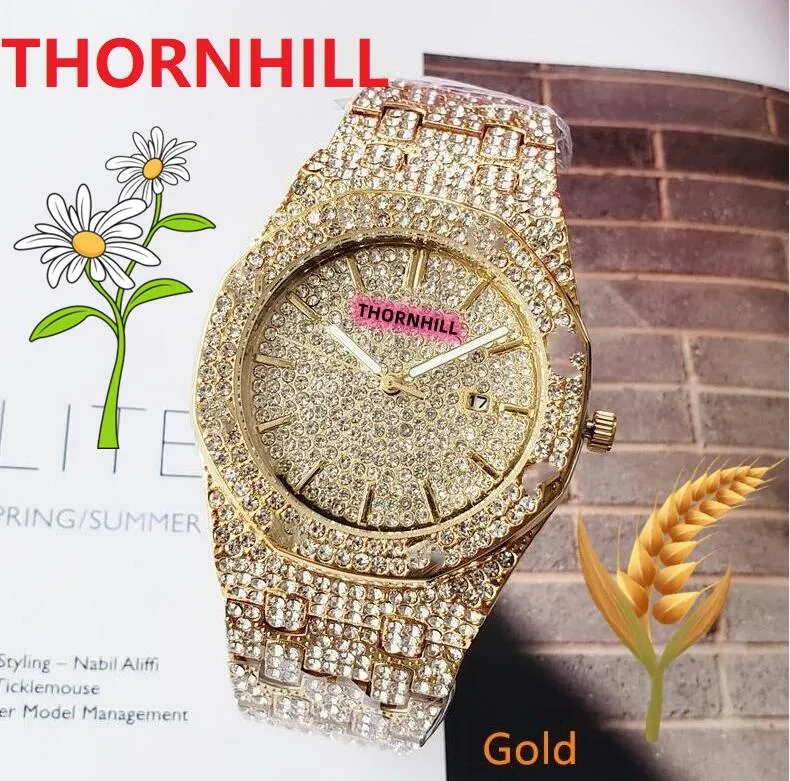 High Quality ICE Out Hip Hop Men's Leisure Diamonds Watches 42mm Stainless Steel Quartz Wristwatch Rose Gold Calendar Gold Br262L