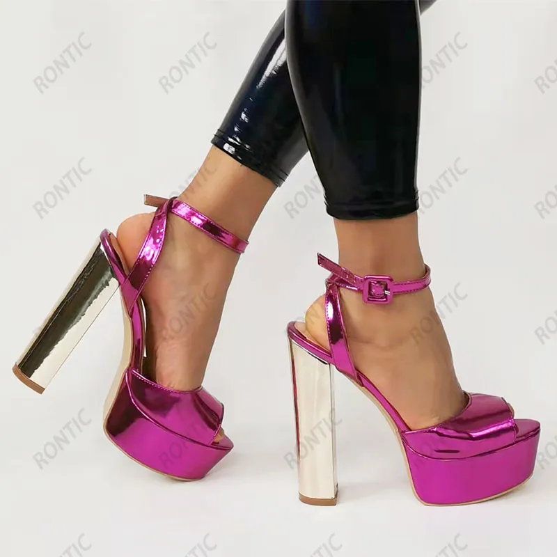 Rontic handgefertigte Damen-Plattform-Sandalen mit Knöchelriemen, Unisex, klobige Absätze, Peep-Toe, wunderschöne silberne, fuchsia-schwarze Schuhe, US-Größe 5–20