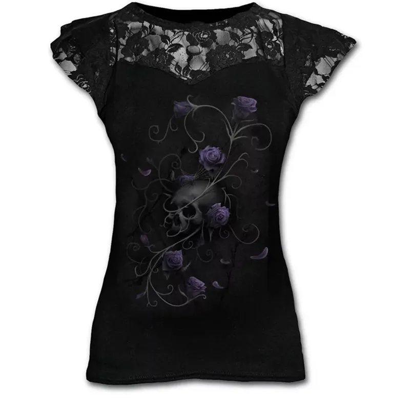 Plus Size Goth Graphic Lace T Shirts for Women Gothic Clothing Black Grunge Punk Tees Ladies Y2k Short Sleeve Tops Summer Tshirt 220708