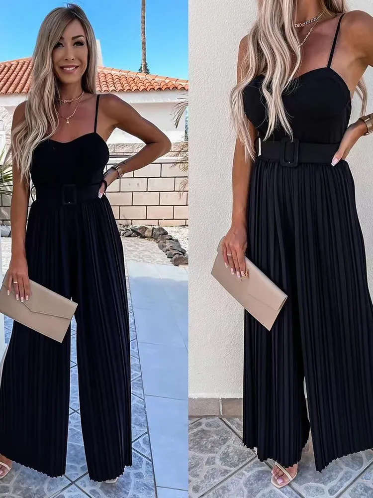 Sommer Spaghetti-trägern Strampler Frauen Mode Breite Bein Hosen Damen Elegante Ärmellose Feste Lange Casual Overall Mit Gürtel 220714