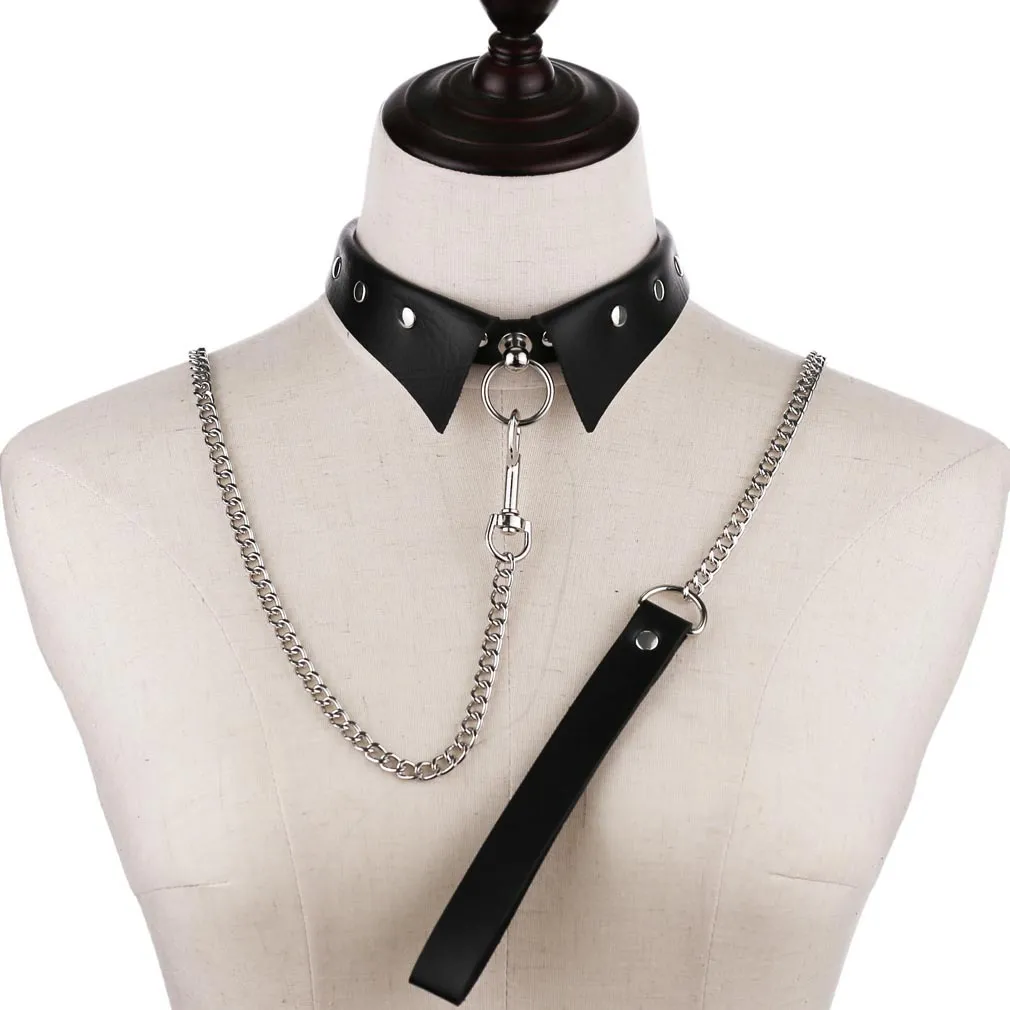 Exotiska tillbehör av BDSM Slave Bondage Leather Collar med koppel Ring Steel Chain Sexiga leksaker till Lover Rollplay Placure Spreader