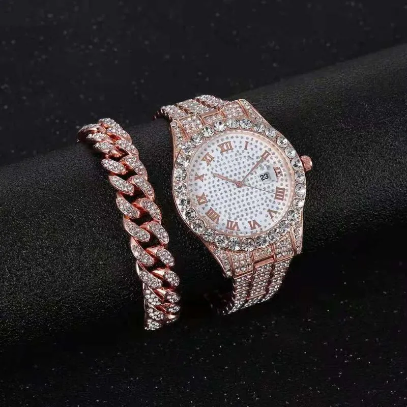 Montres-bracelets Iced Out Bracelet Montres pour hommes Montre complète Quartz Montre-bracelet Hip Hop Gold Diamond Mens Set Reloj DropWristwatches T284A