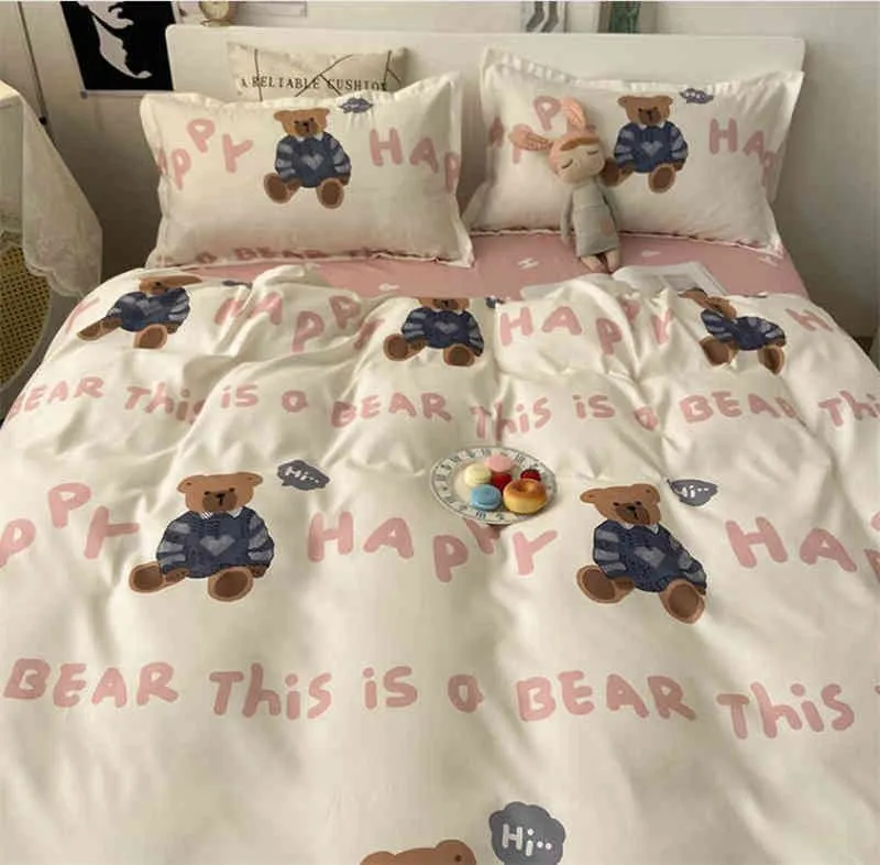 Постельное белье набор домашнего текстиля голубой розовый медвежь