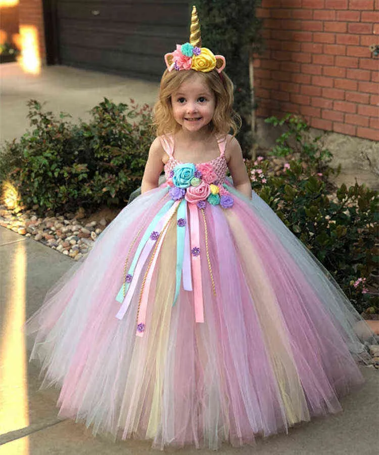 Girls Pastel Flower Tutu Dress Kids Crochet Tulle Strap Dress Ball Gown with Daisy Ribbons Children Party Costume Dress G220428