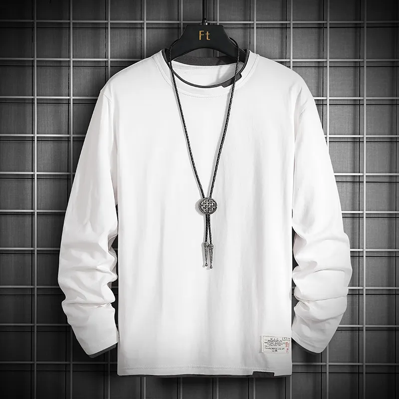 T-shirt da uomo Single Road T-shirt bianca oversize in cotone 100% a maniche lunghe T-shirt nera vintage streetwear giapponese 220401