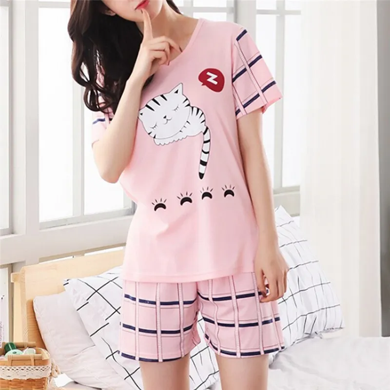 Summer Young Girl Short Sleeve Cotton Pyjamas for Women Sweet Nightshirt Casual Home Service Short Sleepwear M2XL 220527