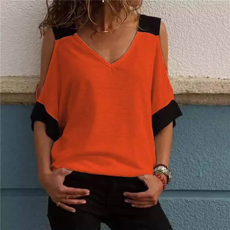 Women's Patchwork Cold Shoulder T-shirt Tops V-Neck Half Sleeve Female Tee Shirt Summer Casual T Shirt For Women 220511