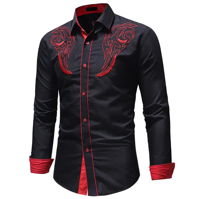 Moda masculina bordada ocidental manga longa camisa casual slim 220715