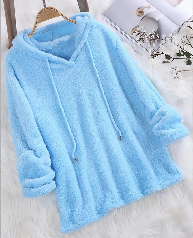 Kvinnor långärmad plysch hoodies lady höst vinter varm solid fluffig hoody flanell pullover pyjama lösa huva tröjor topp 220815