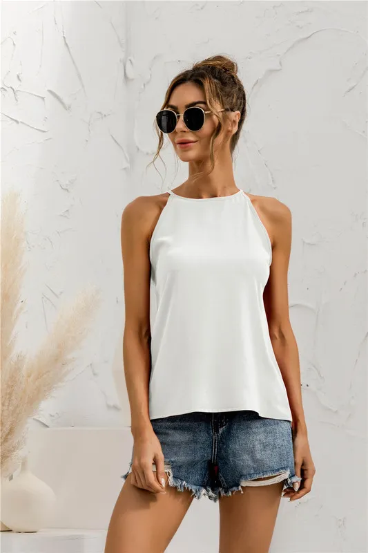 Kadın Yaz T-Shirt Kolsuz Halter Katı Renk Tank Üst Kadın Sonbahar Seksi Bluz Bayanlar Chic Genç Tees C2473 220318