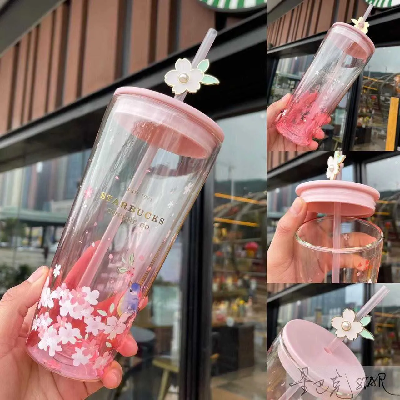 スターバックス新しいカップピンク591mlの鳥の歌の花の香り二重層ガラス大容量コーヒー飲料カップ