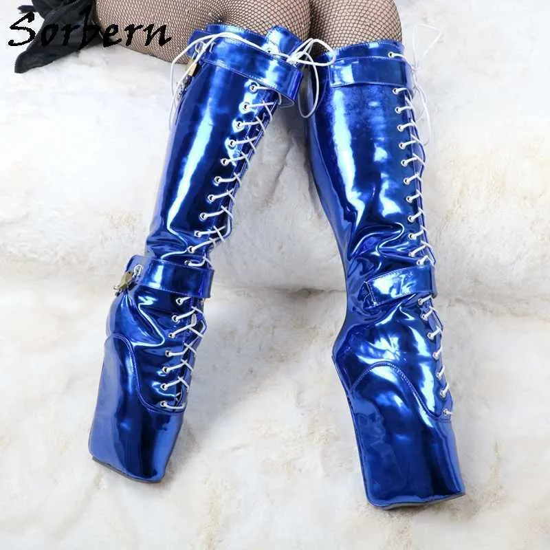 Sorbern métallisé bleu genou bottes hautes Cosplay serrures avec clés Ballet Wedge grande taille Feminino chaussures érotiques personnalisé large ajustement veau