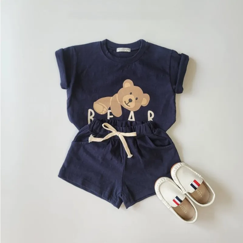 Yaz yürümeye başlayan çocuk bebek giysileri seti çocuk karikatür ayı desen moda tişört + çocuk gündelik pamuk kısa pantolon takım elbise 220507