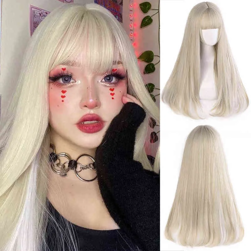 Capelli lunghi lisci sintetici biondi riflessi bianchi parrucca cosplay femminile Lolita frangia nera resistente al calore w 220622