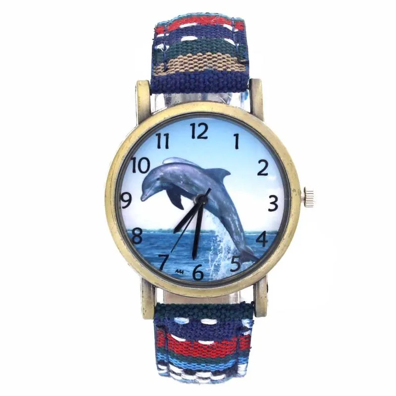 Wristwatches Dolphin Pattern Ocean Aquarium Fish Fashion Casual Men Women Canvas Cloth Strap Sport Analog Quartz Watch244q