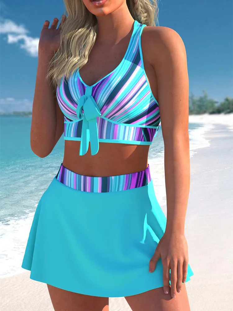 Mavi baskı etek mayo kadın bikini yüksek bel çapraz yay seksi plaj kıyafeti mayo Biquini W220425