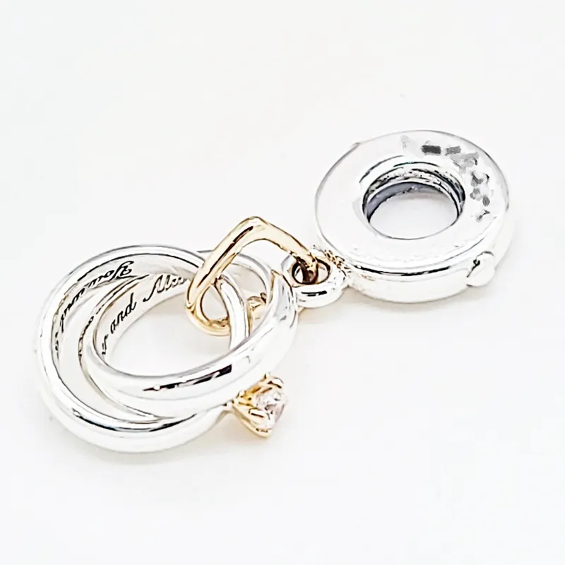 Tvåfärgade bröllopsringar dangle charm 925 silver pandora charms för armband DIY smycken gör kit lösa pärlor silver grossist 799319C01