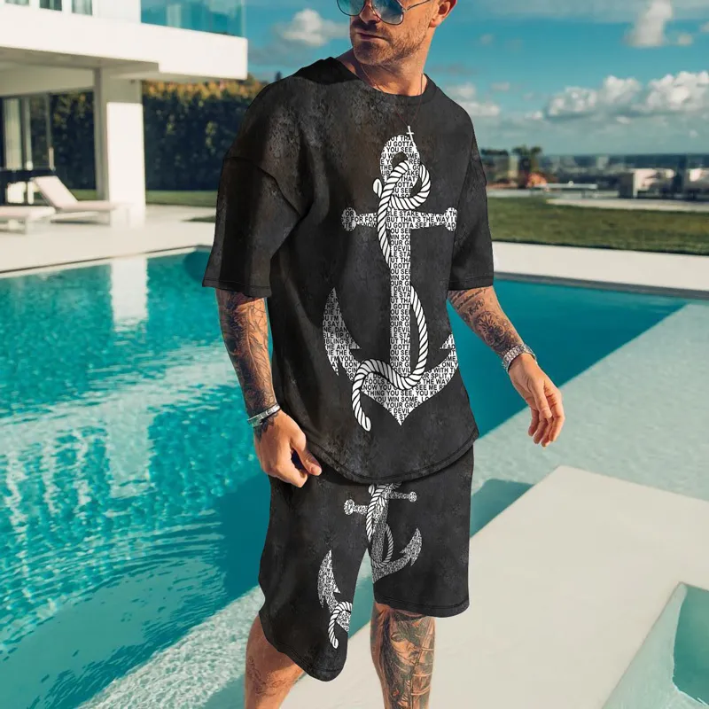 Summer Man Tracksuit Ship Anchor 3D Printed Fashion Casual Men S Overdimensionerade kläder Suit Tshirt Shorts Set Conjunto 220708