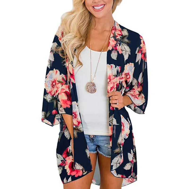 Dames Bloemenluipaardprint Halve mouw Sjaal Chiffon Kimono Strandvest Bikini Cover Up Wrap Strandkleding Outdoor Anti-UV-jas 220524