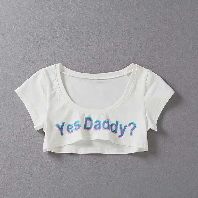 Été Oui Papa Lettre Imprimer T-shirt Femmes Sexy Crop Tops À Manches Courtes Chemises Courtes 220506