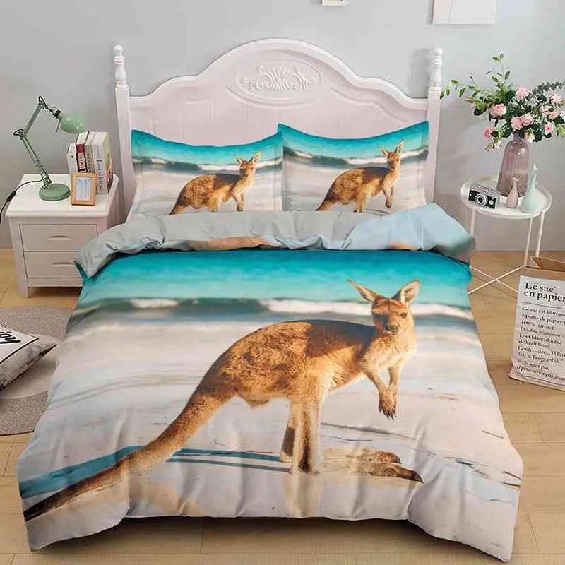 Känguru duvet täcker kung/drottning storlek tropisk strand strand landskap sängkläder uppsättning för barn tonåringar vuxna blå hav quilt