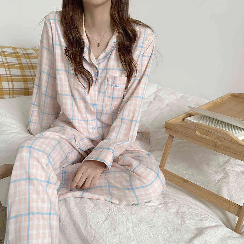 Höstens hemkläder kostym koreanska lila rutnät flickor pyjamas set söta vinter långa ärmar fritid nattkläder för kvinnor lösa nattkläder l220803
