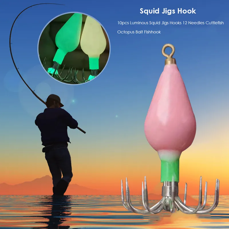 Luminous Squid Jigs Hooks 12 Needles Cuttlefish Octopus Bait Fishhook Pesca Luminous 30g 45g 56g Hook Bait Fishhook 220812