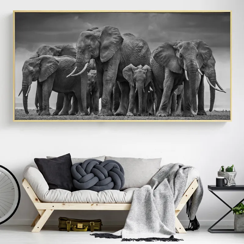 Moderne weiße schwarze Tiere Poster und Drucke Wand Kunst Leinwand Malerei afrikanische Elefanten Bilder für Wohnzimmer Cuadros Dekor