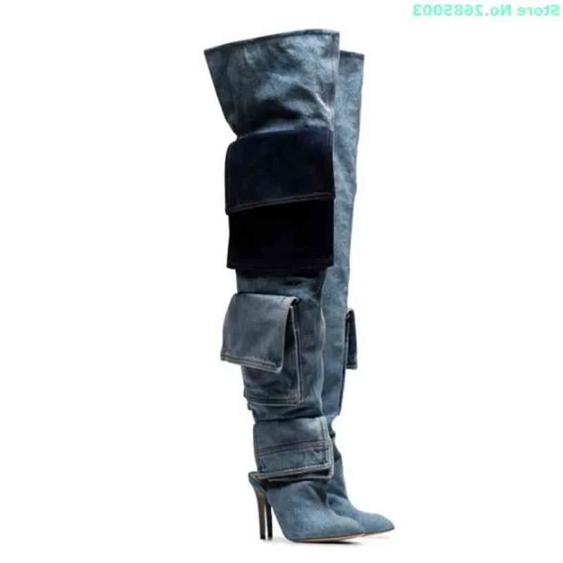 Botas de bolso de jeans de retalhos de denim apontaram sobre o joelho de salto alto escorregadio em mulheres sexy Autume Winter Festy Botas Sapatos 220514