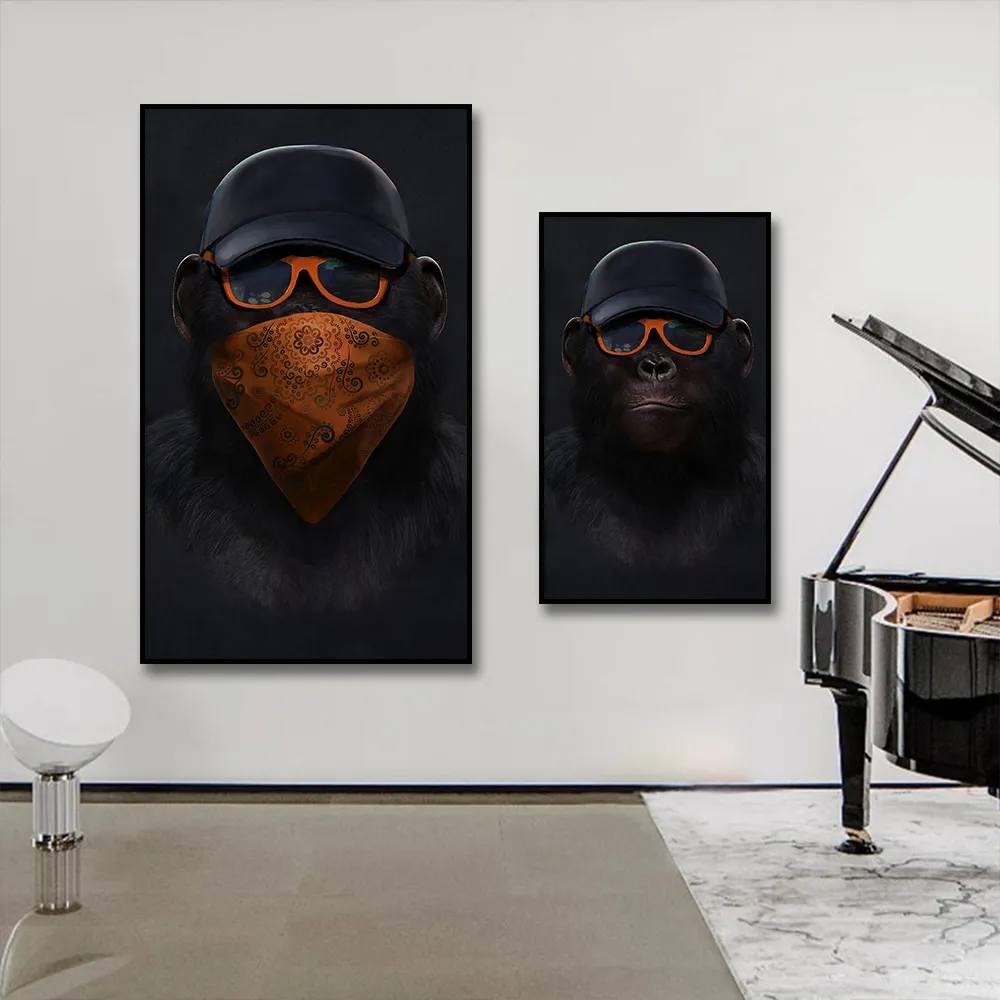 Czarny wystrój ściany zabawny malarstwo zwierząt gorylowe obrazy olejne plakaty ścienne plakaty 3 mądre małpy do dekoracji ściennej w salonie