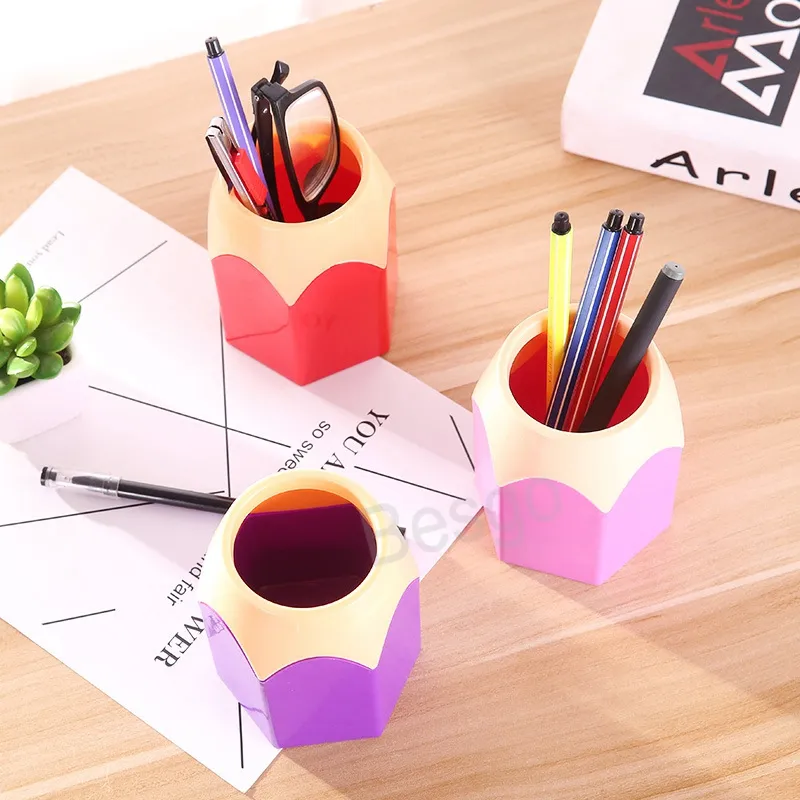 Pencil Stub Shape Pen Case Plastic Colorful Pencils Holders Makeup Brush Stationery Storage Holder Desktop Storages Bucket BH7009 TYJ