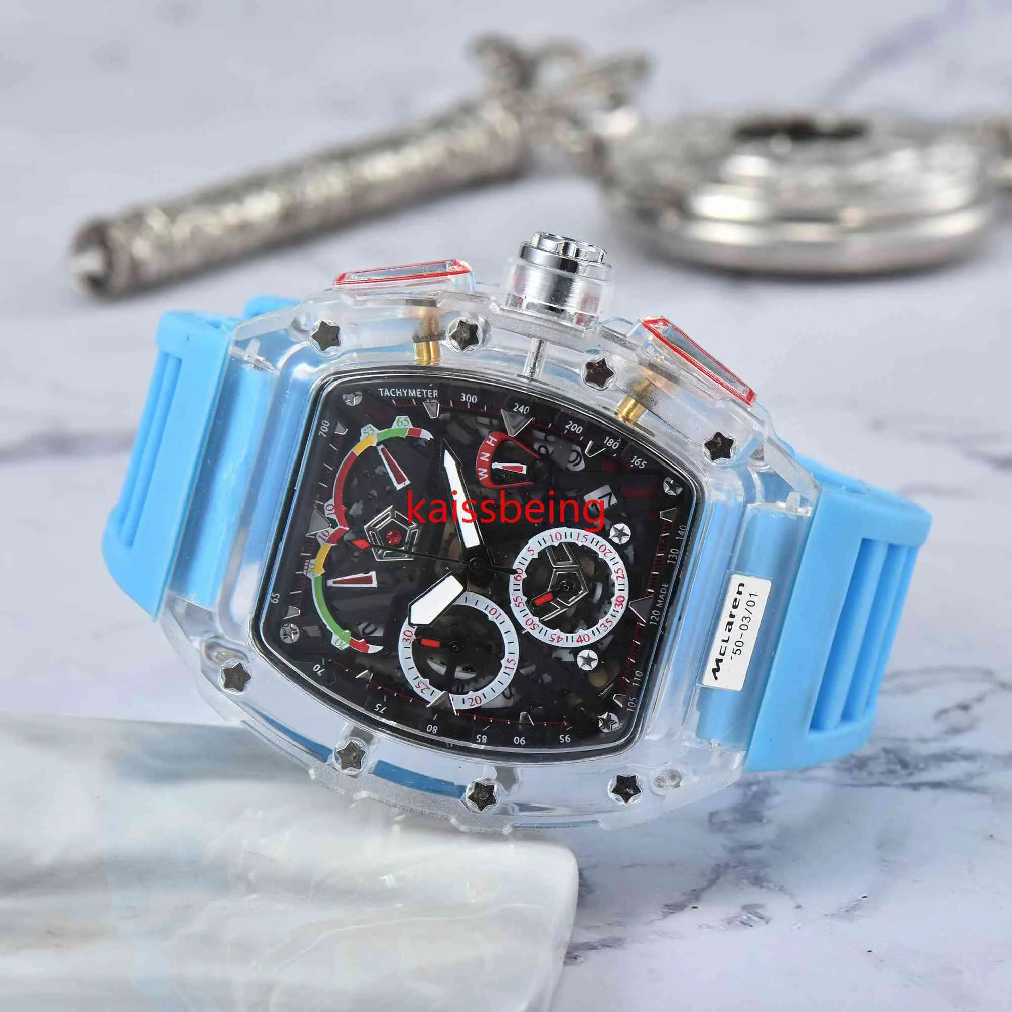 Montre militaire bleue de luxe pour hommes, boîtier Transparent, chronographe, montres de sport en Silicone, horloge Steampunk Reloj Hombre283W