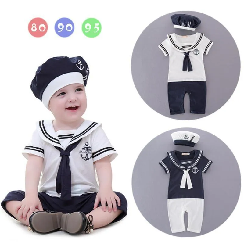 Mode Été né Marine Style Bébé Barboteuse Enfants Garçons Filles Sailor JumpsuitHat Corps À Manches Courtes Anchor Imprimé Costume 220525