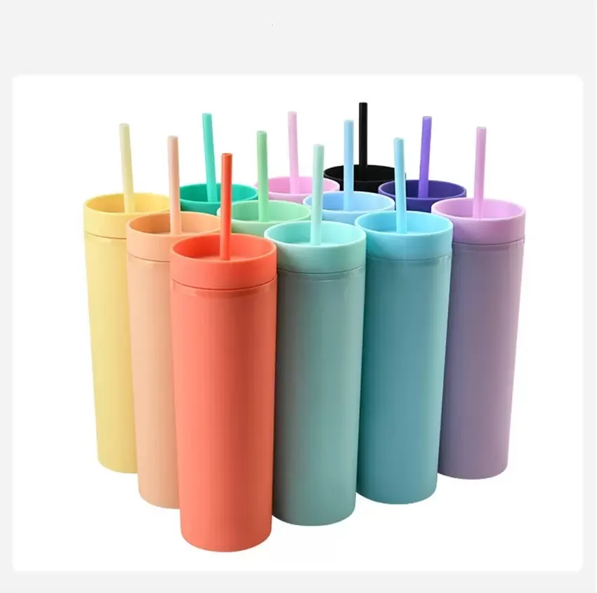 Local WarehouseWhole 16oz Acrylic Skinny Tumblers Matte Colored cups with Lids and Straws Double Wall Plastic Tumblers with241u