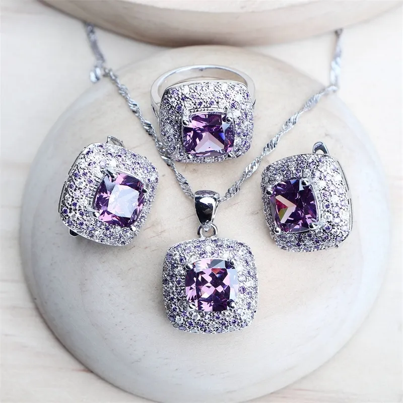 Purple Zirconia Women Bridal Jewelry Sets Silver 925 Fine Costume Jewellery Wedding Earrings Rings Bracelets Pendant Necklace 2208202N