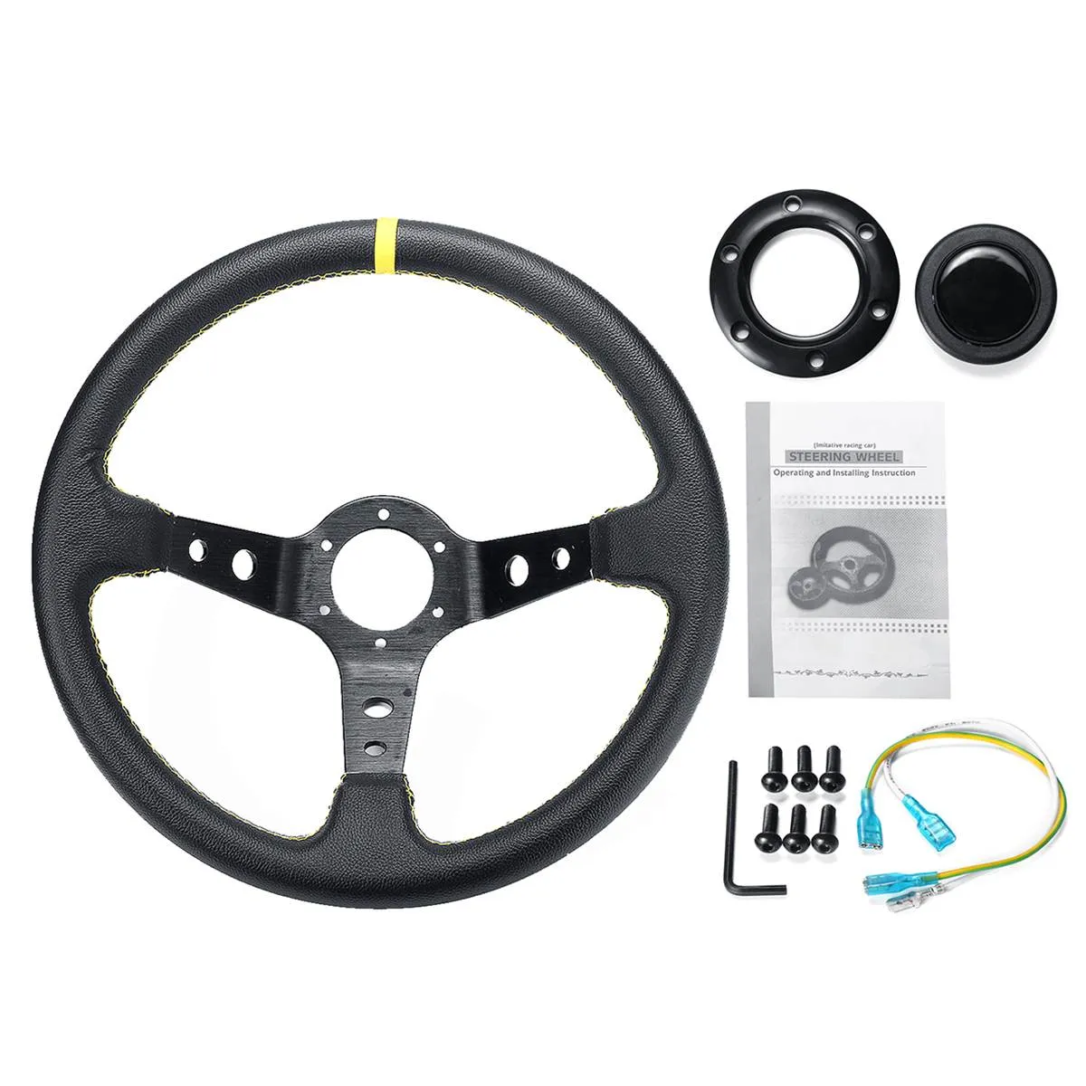 14inch 350mm Deep Dish Drifting Steering Wheel Universal Leather Aluminum Car Auto Racing Sport Steering Wheel Accessories