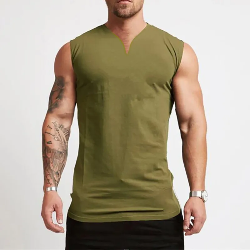 Plain Cotton Vneck Fitness Tank Top Men Summer Muscle Vest Gym Clothing Bodybuilding Sleeveless Shirt Workout Sports Singlets 220621