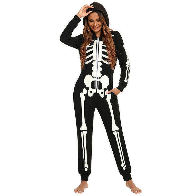 Esqueleto assustador família halloween traje adultos crianças horror crânio macacão com capuz fantasia mulheres homens família pijama carnaval festa aa228511443