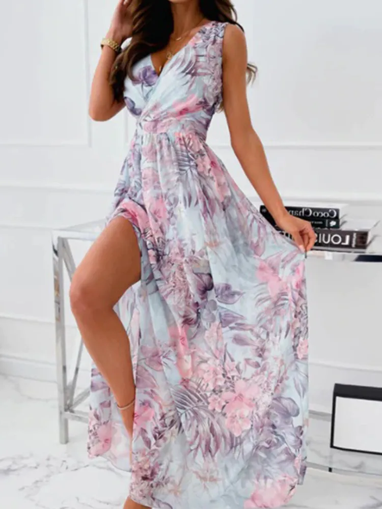 Summer Fashion Slim V Neck Tie Up Backless Chiffon Dress Sexy Sleeveless Hollow Slit Maxi Women Floral Print Party es 220713