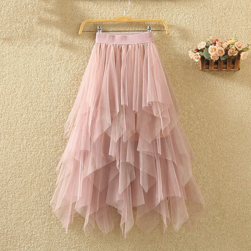 Tulle Skirts Faldas Mujer Moda Fashion Elastic High Waist Mesh Tutu Maxi Pleated Long Midi Saias Jupe Women's Skirt 220527