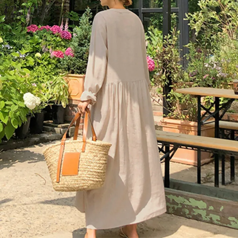 Autumn Zanzea Mulheres Casual Casual Solid Long Dress Pockets Maxi Vestidos Office Lady Work Cotton Party Robe Femme 220521